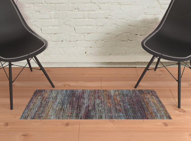 2' x 3' Blue Grey Gold Purple and Teal Abstract Power Loom Stain Resistant Area Rug