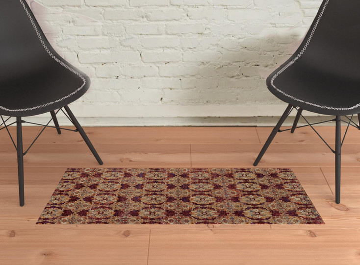 2' x 3' Red & Gold Oriental Power Loom Stain Resistant Area Rug
