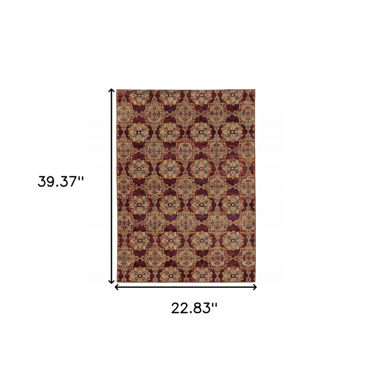 2' x 3' Red & Gold Oriental Power Loom Stain Resistant Area Rug