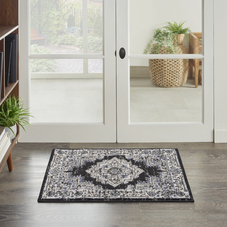 2' x 3' Black Floral Power Loom Distressed Area Rug