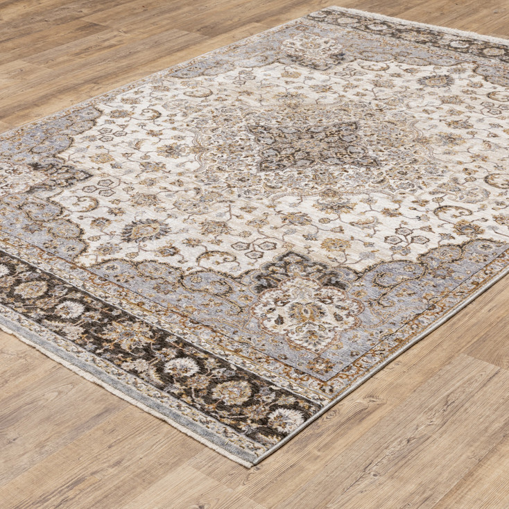 2' x 3' Ivory & Blue Oriental Power Loom Stain Resistant Area Rug with Fringe