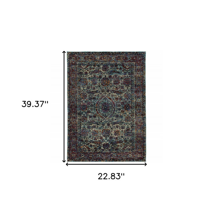 2' x 3' Blue and Purple Oriental Power Loom Stain Resistant Area Rug