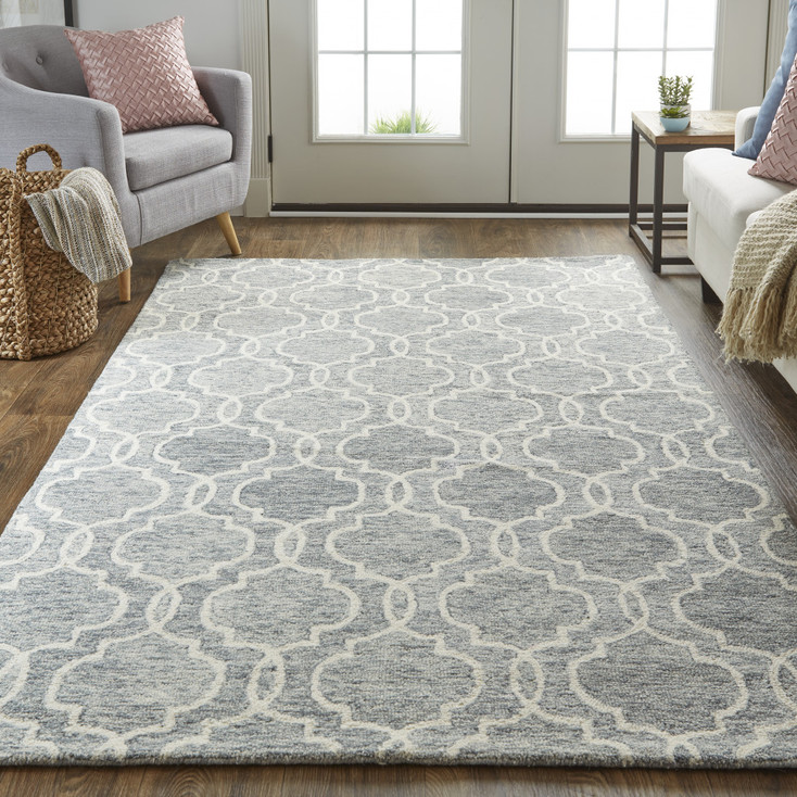 2' x 3' Blue Gray and Ivory Wool Geometric Tufted Handmade Stain Resistant Area Rug