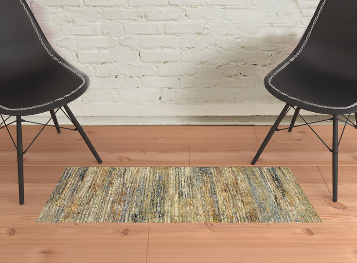 2' x 3' Gold Grey Tan Blue Green and Brown Abstract Power Loom Area Rug