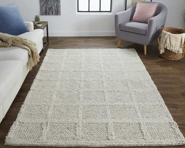 2' x 3' Ivory and Gray Wool Plaid Hand Woven Stain Resistant Area Rug