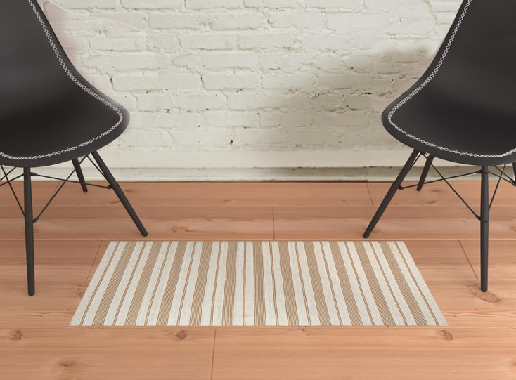 2' x 3' Ivory Taupe and Brown Striped Dhurrie Hand Woven Stain Resistant Area Rug