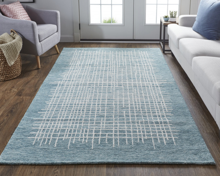 2' x 3' Blue Green and Ivory Wool Plaid Tufted Handmade Stain Resistant Area Rug