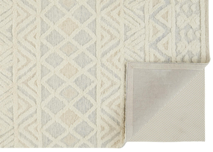 2' x 3' Ivory Blue and Tan Wool Geometric Tufted Handmade Stain Resistant Area Rug