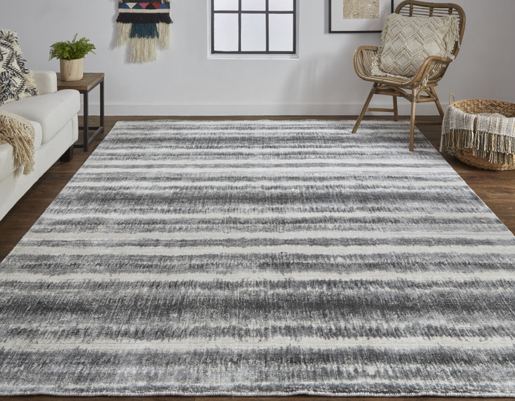 2' x 3' Gray Ivory and Black Abstract Hand Woven Area Rug