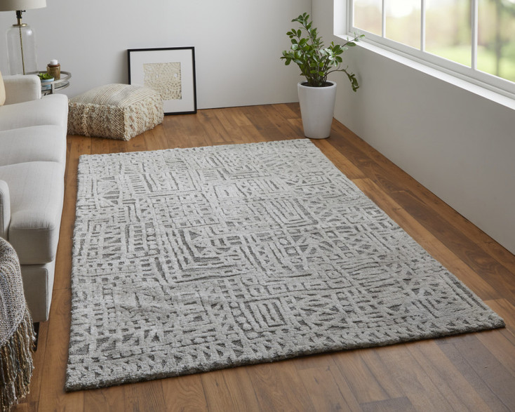 2' x 3' Gray and Silver Geometric Stain Resistant Area Rug