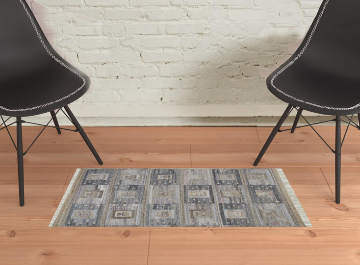 2' x 3' Gray Taupe and Tan Geometric Hand Woven Stain Resistant Area Rug with Fringe