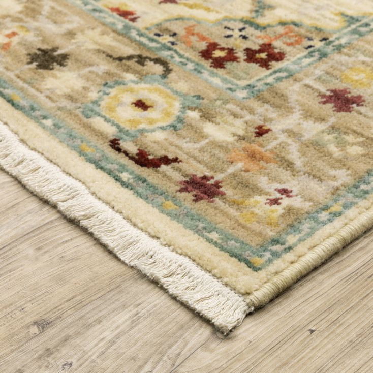 2' x 3' Beige Pale Blue Rust Gold Tan Brown and Orange Oriental Power Loom Area Rug