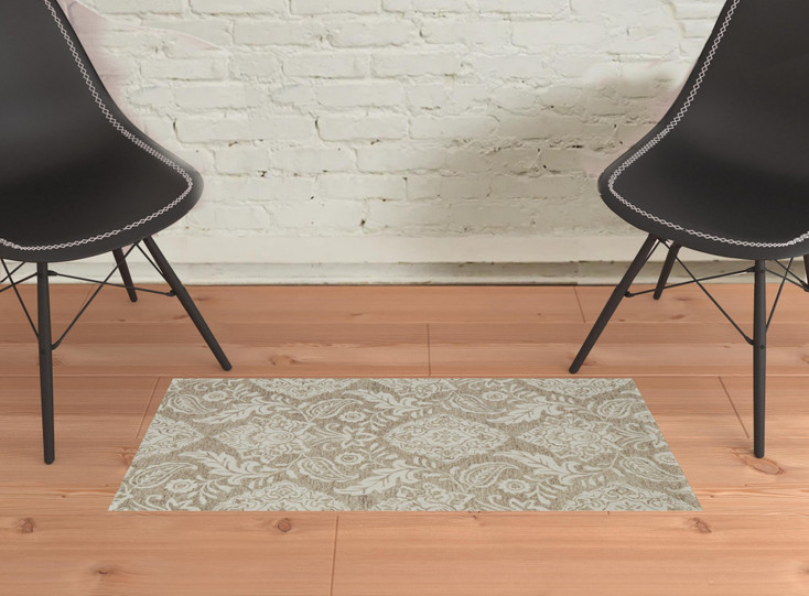 2' x 3' Tan and Ivory Wool Paisley Tufted Handmade Stain Resistant Area Rug