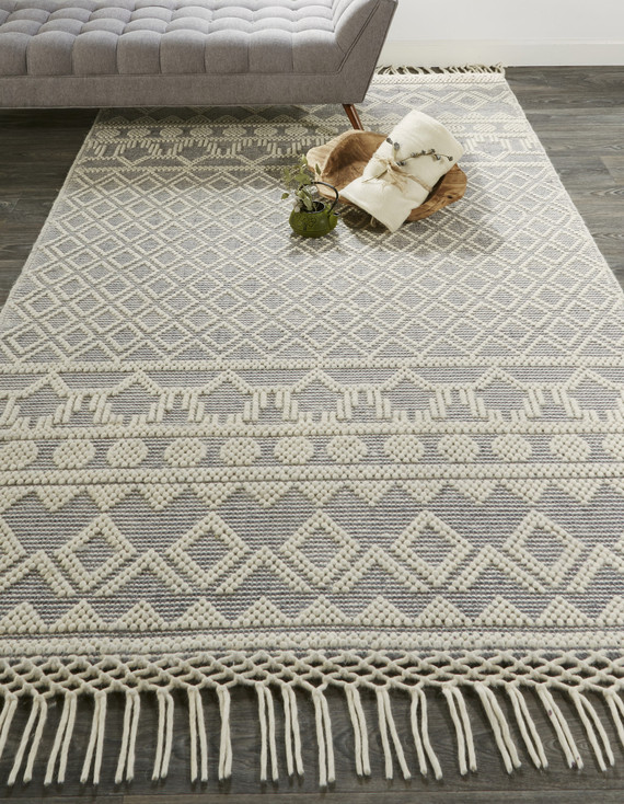 2' x 3' Gray and Ivory Wool Geometric Hand Woven Area Rug with Fringe