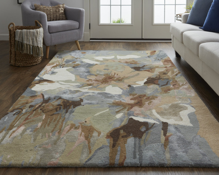 2' x 3' Tan Gray and Green Wool Floral Tufted Handmade Area Rug