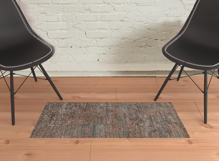 2' x 3' Red and Blue Wool Abstract Hand Knotted Area Rug