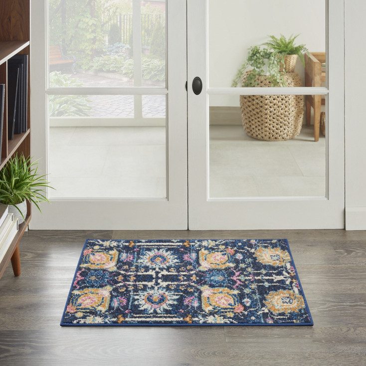 2' x 3' Navy Blue Floral Power Loom Area Rug