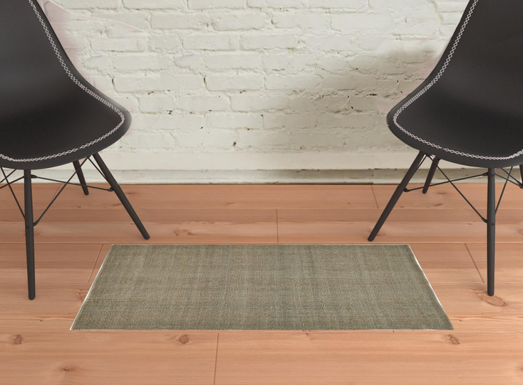 2' x 3' Green and Tan Hand Woven Area Rug
