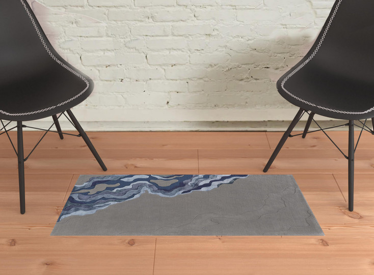 2' x 3' Gray Taupe and Blue Wool Abstract Tufted Handmade Area Rug