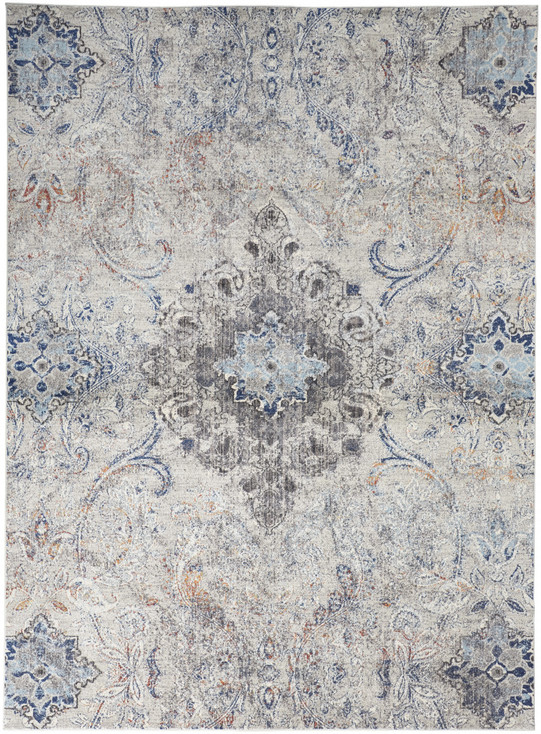 2' x 3' Ivory Taupe and Blue Floral Power Loom Distressed Stain Resistant Area Rug