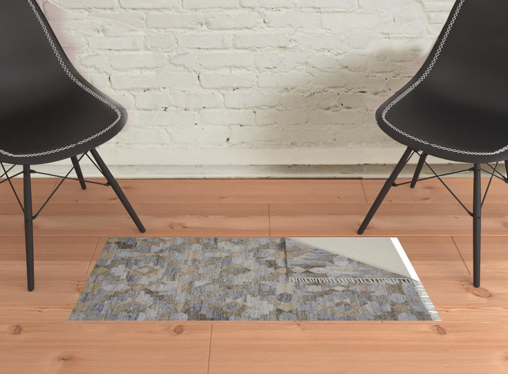 2' x 3' Taupe Gray and Blue Geometric Hand Woven Stain Resistant Area Rug with Fringe
