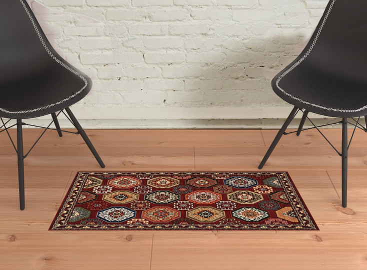 2' x 3' Red Blue Brown and Beige Oriental Power Loom Area Rug with Fringe