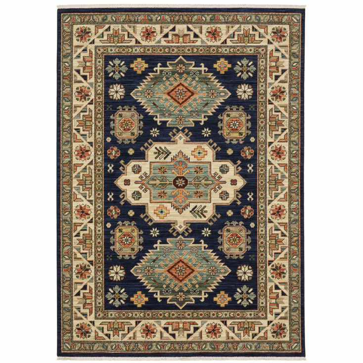 2' x 3' Navy Charcoal Orange Rust Gold Pale Blue Olive Beige & Salmon Oriental Power Loom Rug