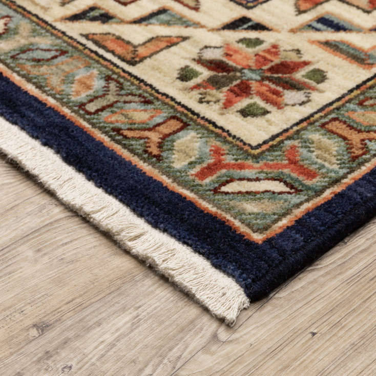 2' x 3' Navy Charcoal Orange Rust Gold Pale Blue Olive Beige & Salmon Oriental Power Loom Rug
