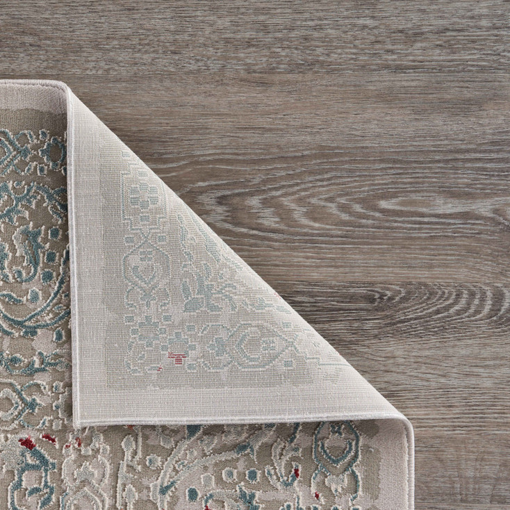 2' x 3' Gray Ivory Slate Blue and Wine Red Abstract Distressed Stain Resistant Area Rug