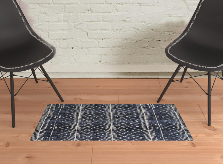 2' x 3' Blue and Ivory Striped Stain Resistant Area Rug