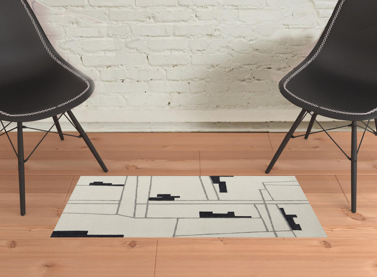 2' x 3' Ivory Gray and Taupe Wool Abstract Tufted Handmade Area Rug