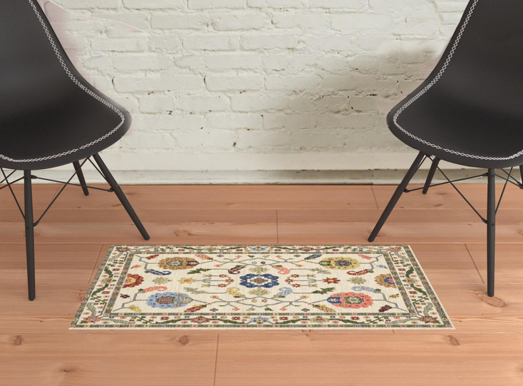 2' x 3' Ivory Green Blues Pink Yellow Rust Brown Tan & Grey Oriental Power Loom Area Rug