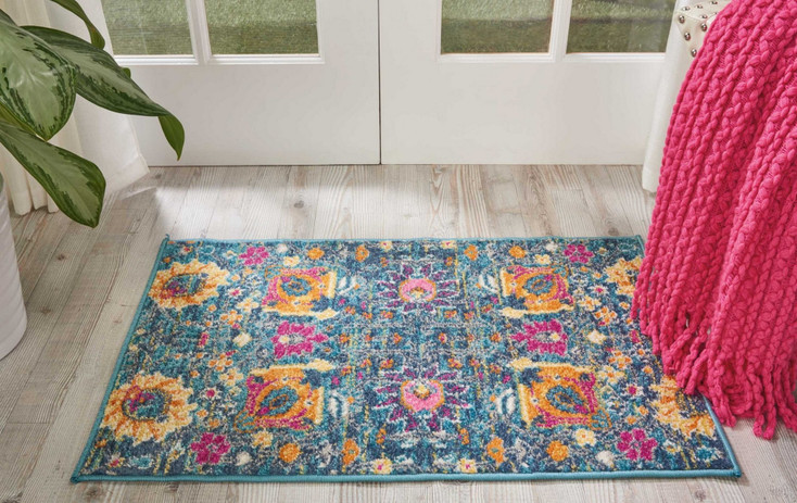 2' x 3' Blue and Orange Floral Power Loom Area Rug