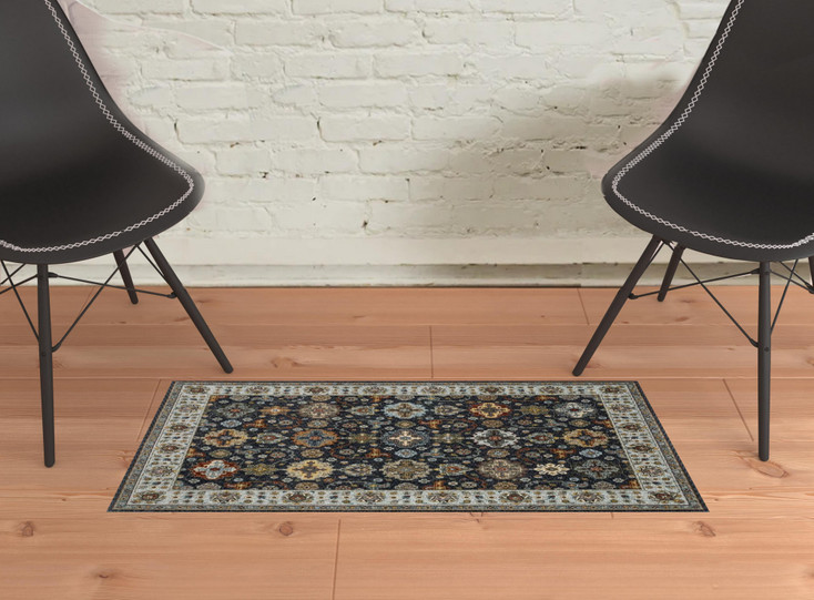 2' x 3' Blue Red Beige Yellow Grey Rust and Gold Oriental Power Loom Area Rug with Fringe