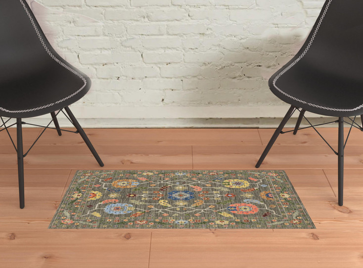 2' x 3' Grey Blue Pink Orange Rust Red Green and Ivory Oriental Power Loom Area Rug