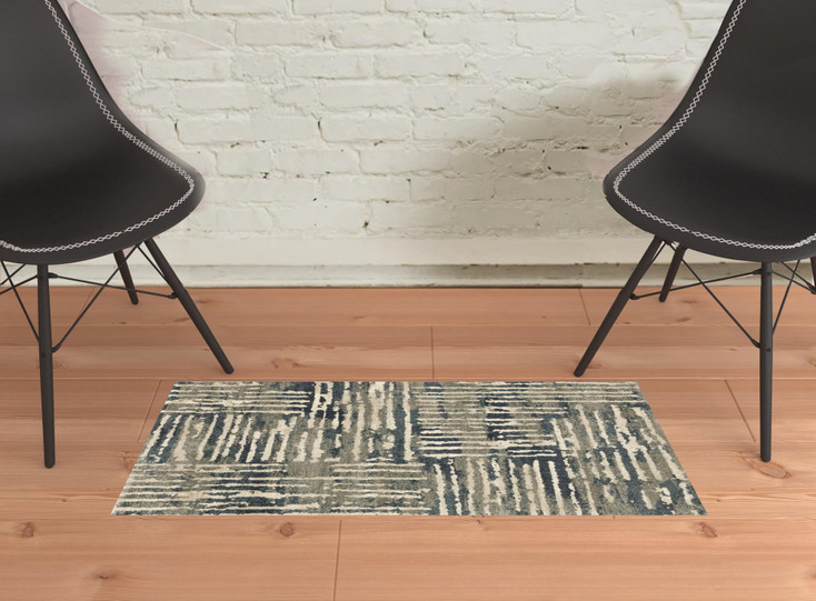 2' x 3' Blue and Beige Abstract Power Loom Stain Resistant Area Rug