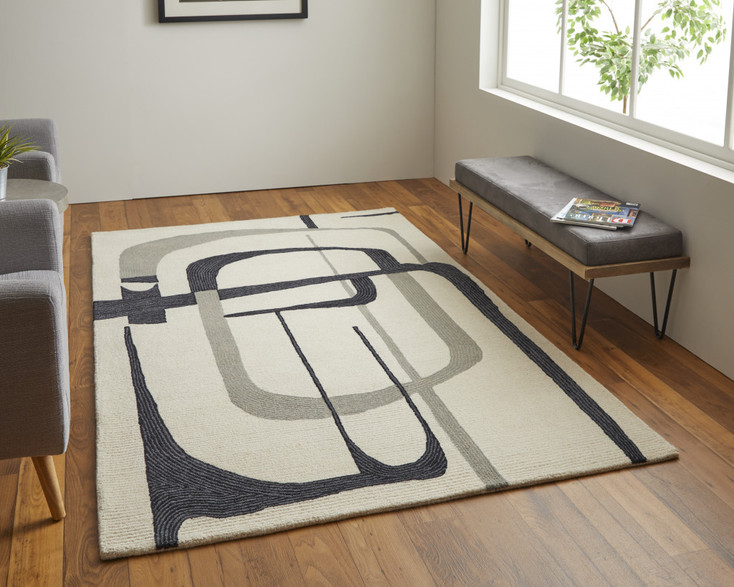 2' x 3' Ivory Gray and Black Wool Abstract Tufted Handmade Area Rug