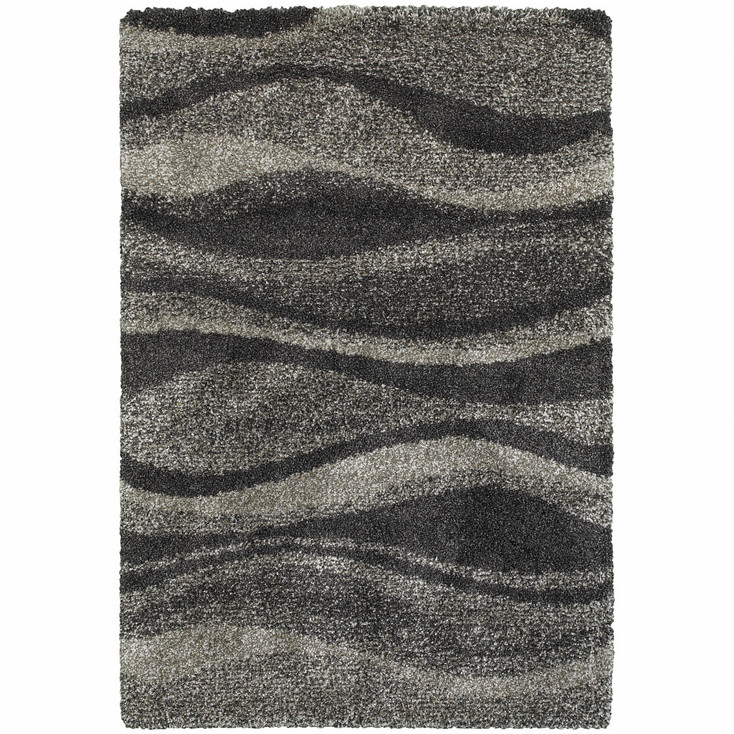 2' x 3' Charcoal Silver and Grey Abstract Shag Power Loom Stain Resistant Area Rug