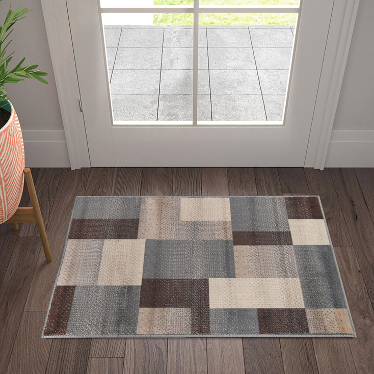 2' x 3' Grey Patchwork Power Loom Stain Resistant Area Rug