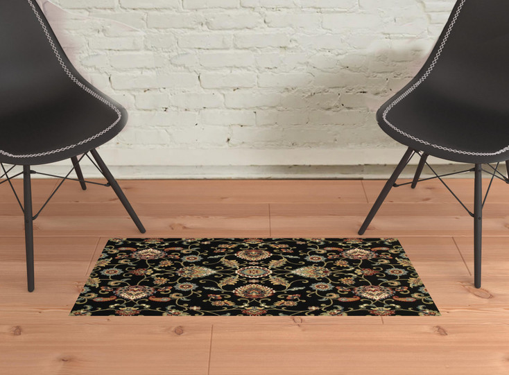2' x 3' Black Red Green Ivory Salmon and Yellow Floral Power Loom Area Rug