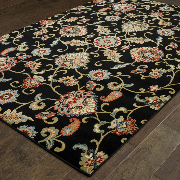 2' x 3' Black Red Green Ivory Salmon and Yellow Floral Power Loom Area Rug
