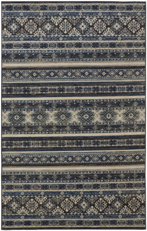 2' x 3' Blue Tan and Black Geometric Power Loom Distressed Stain Resistant Area Rug
