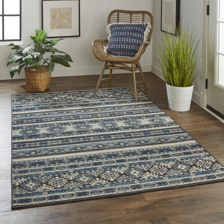 2' x 3' Blue Tan and Black Geometric Power Loom Distressed Stain Resistant Area Rug