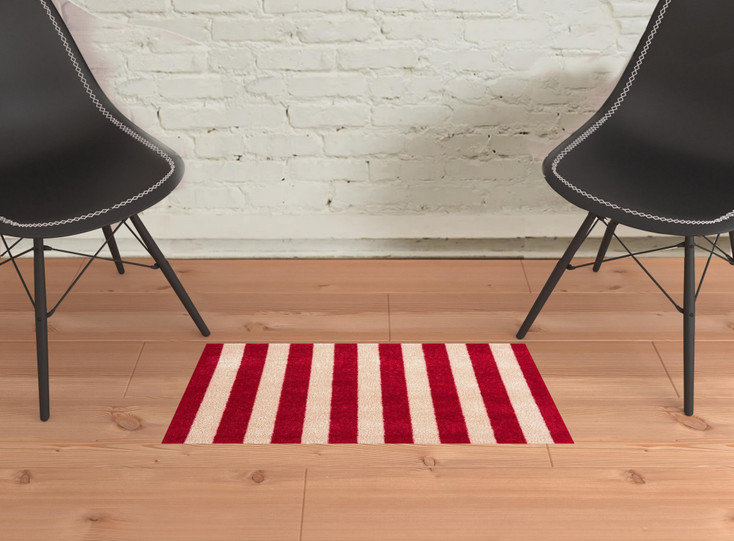 2' x 3' Red and Sand Striped Tufted Washable Non Skid Area Rug