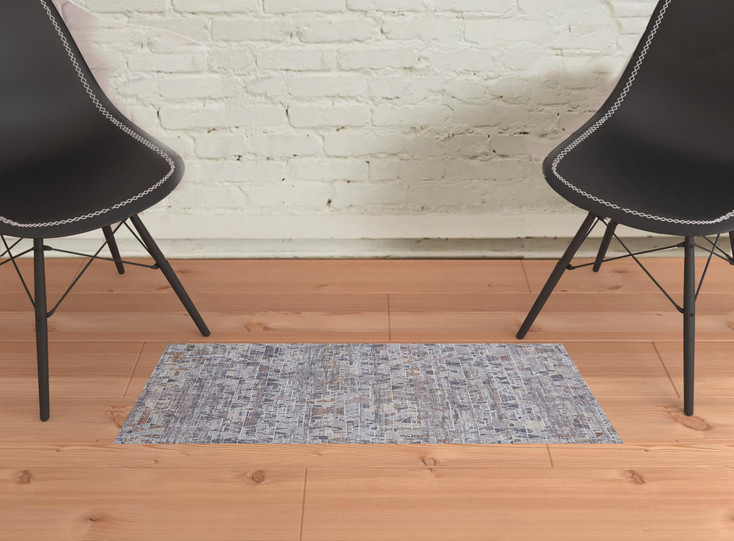 2' x 3' Gray Blue and Orange Abstract Power Loom Distressed Stain Resistant Area Rug