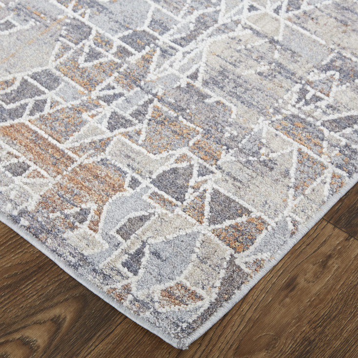 2' x 3' Gray Blue and Orange Abstract Power Loom Distressed Stain Resistant Area Rug