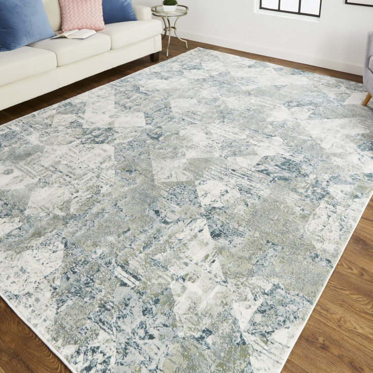 2' x 3' Green and Ivory Patchwork Distressed Stain Resistant Area Rug