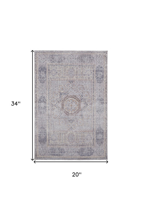 2' x 3' Gray and Ivory Floral Power Loom Distressed Stain Resistant Area Rug