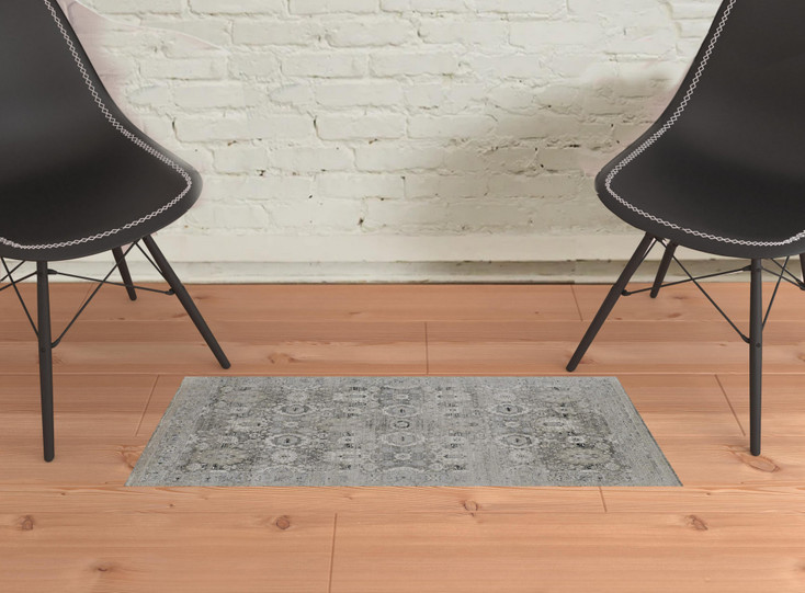 2' x 3' Gray and Silver Abstract Power Loom Distressed Area Rug