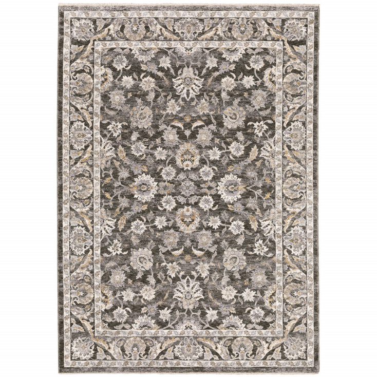 2' x 3' Grey & Ivory Oriental Power Loom Stain Resistant Area Rug with Fringe